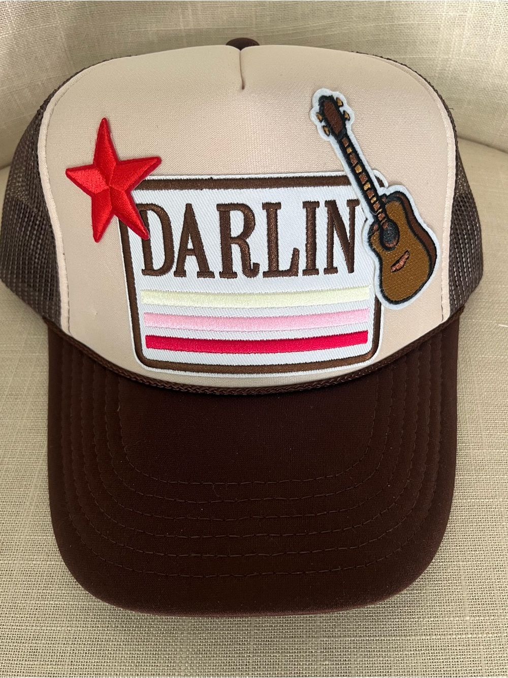 OTTO Beige and Brown "Darlin" Patch Trucker Hat with Red Star